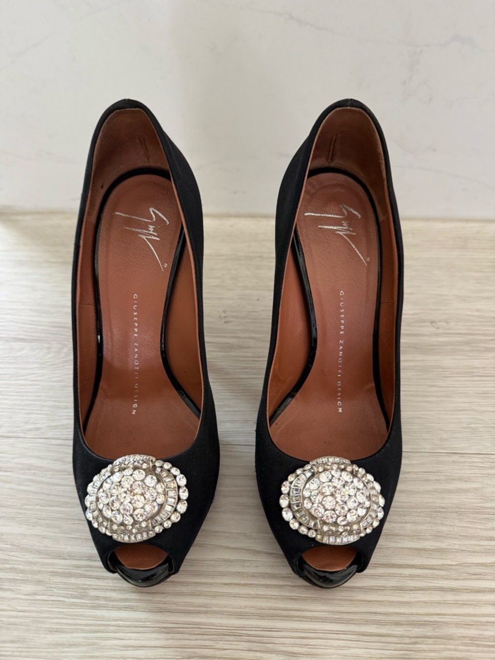Giuseppe Zanotti Black Satin Peep-Toe Heels with Crystal Medallion